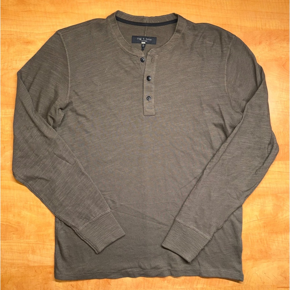 Rag & Bone Mens Long Sleeve Henley Shirt Olive Green Slub Knit Size Large